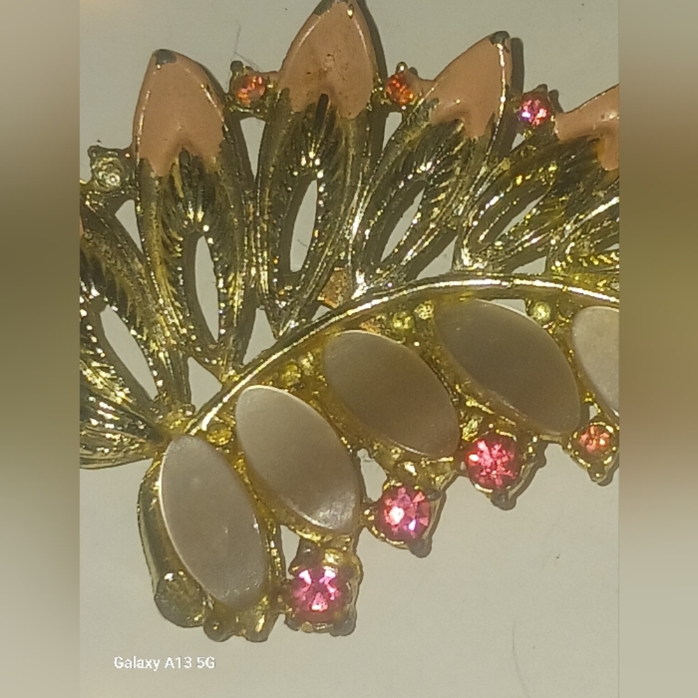 Gold and Pink Leaf Brooch with Crystal Accents
